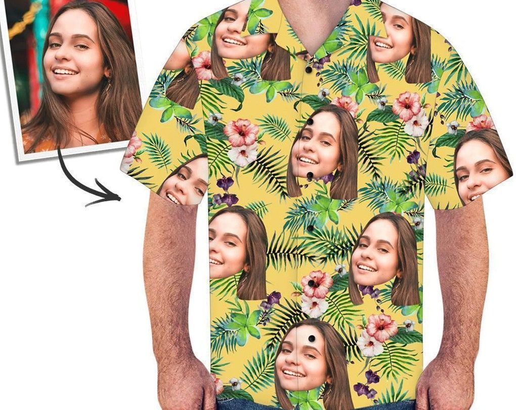 Men’s Custom Face Shirt Trendy Hawaiian Shirt Short Sleeve Flowers, Tropical Pattern Shirt For Men Women, Birthday Hawaiian Gift, Custom Photo.