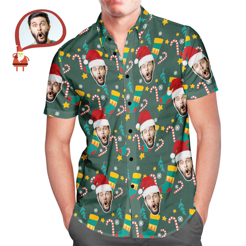 Men’s Custom Face Wear Santa Hat Christmas Hawaiian Aloha Shirts Christmas Gift
