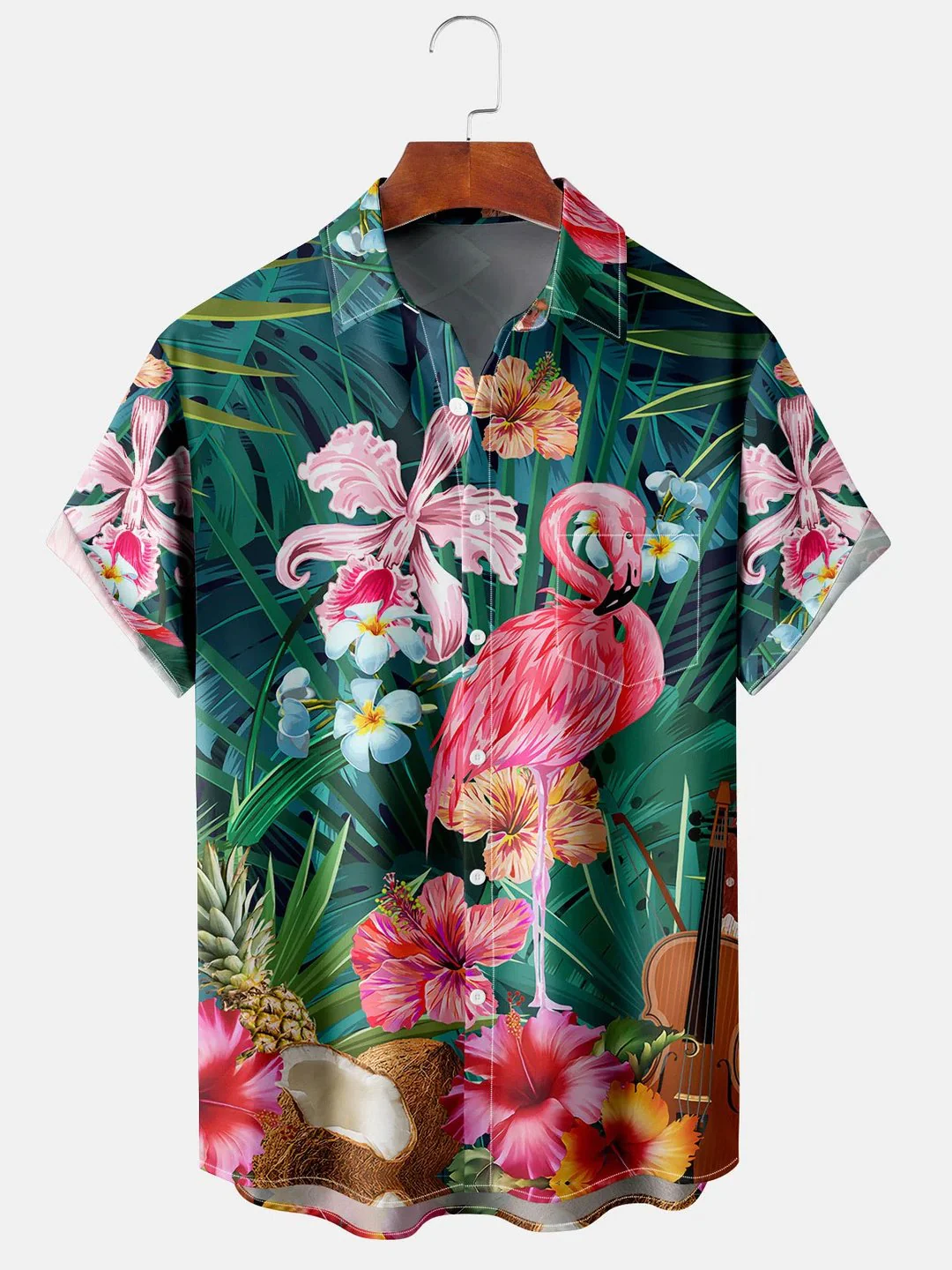 Men’s Flamingo Print Casual Breathable Hawaiian Short Sleeve Shirt