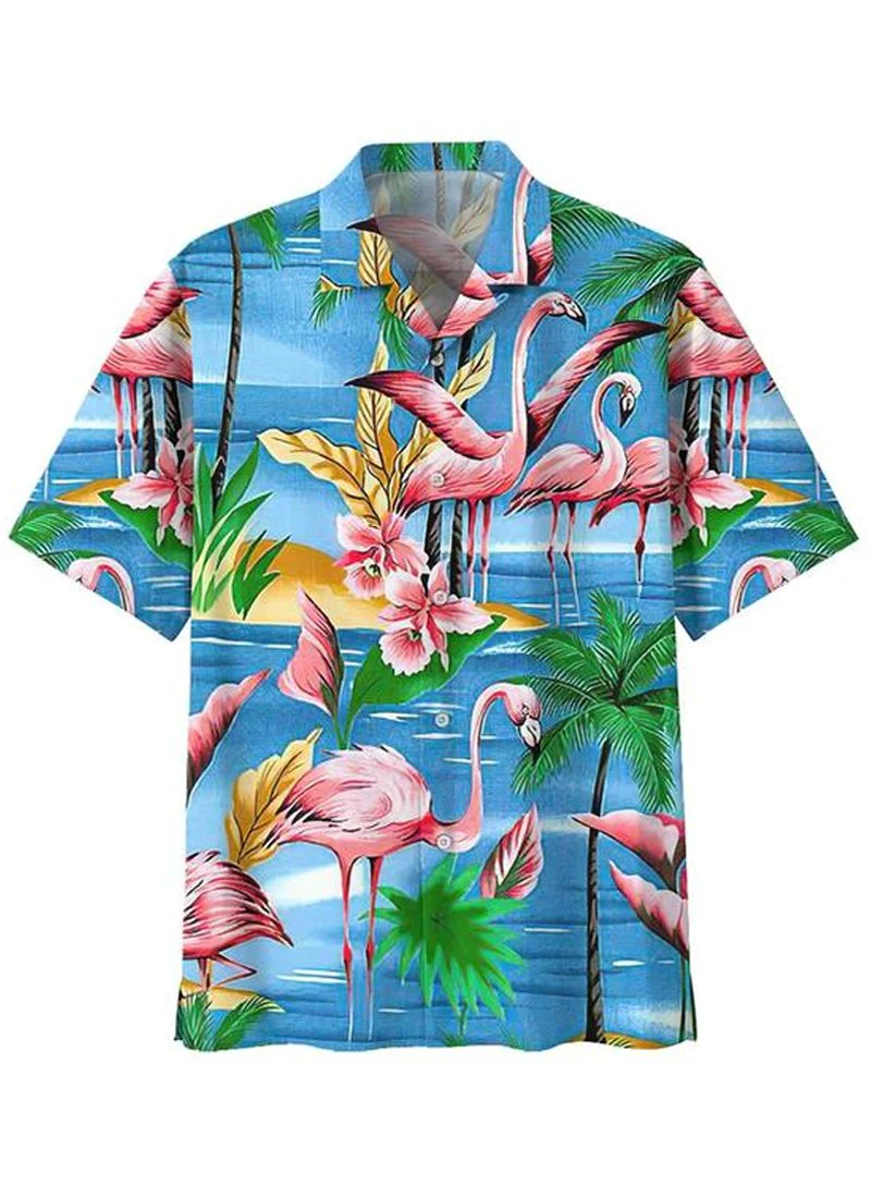 Men’s Flamingo Print Casual Breathable Hawaiian Short Sleeve Shirt