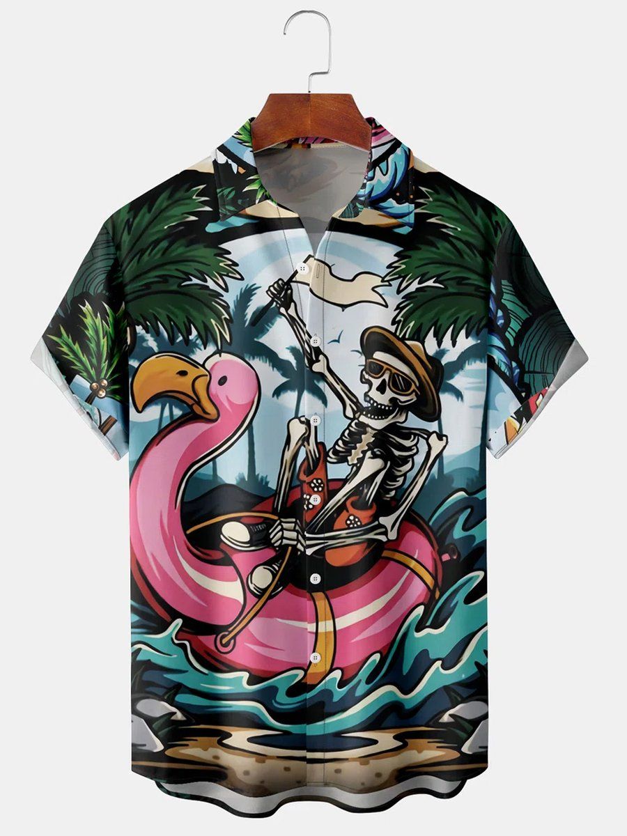 Men’s Flamingo Skull Floating Beach Party Print Short Sleeve Shirt Men’s Flamingo Skull Floating Beach Party Print Short Sleeve Shirt
