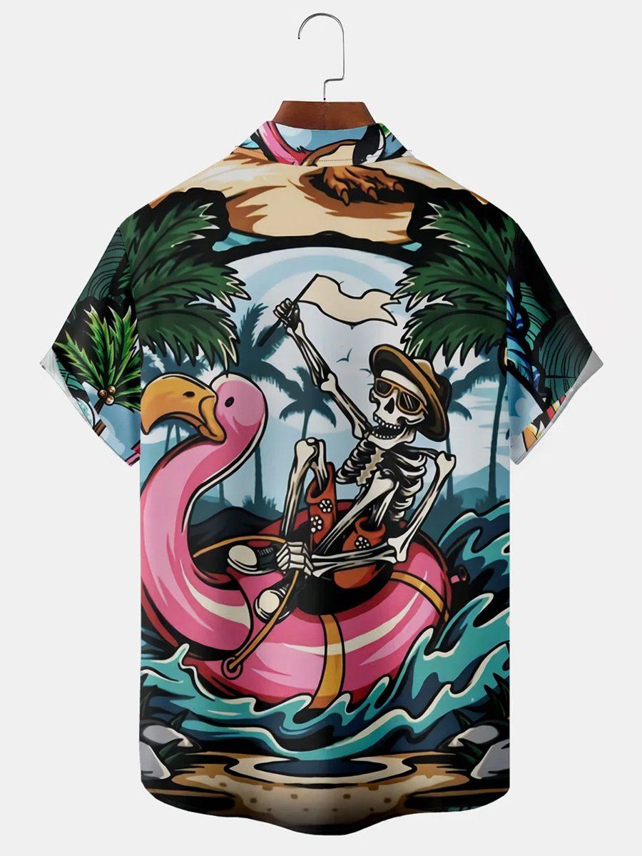 Men’s Flamingo Skull Floating Beach Party Print Short Sleeve Shirt