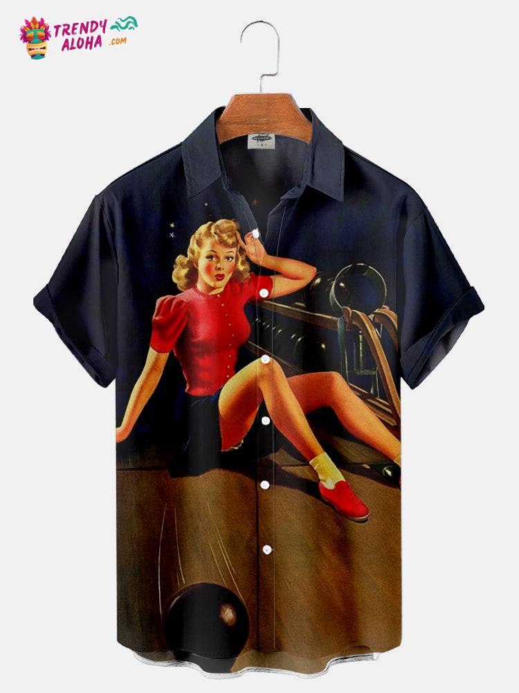 Men’s Geometric Bowling Print Trendy Aloha Shirt
