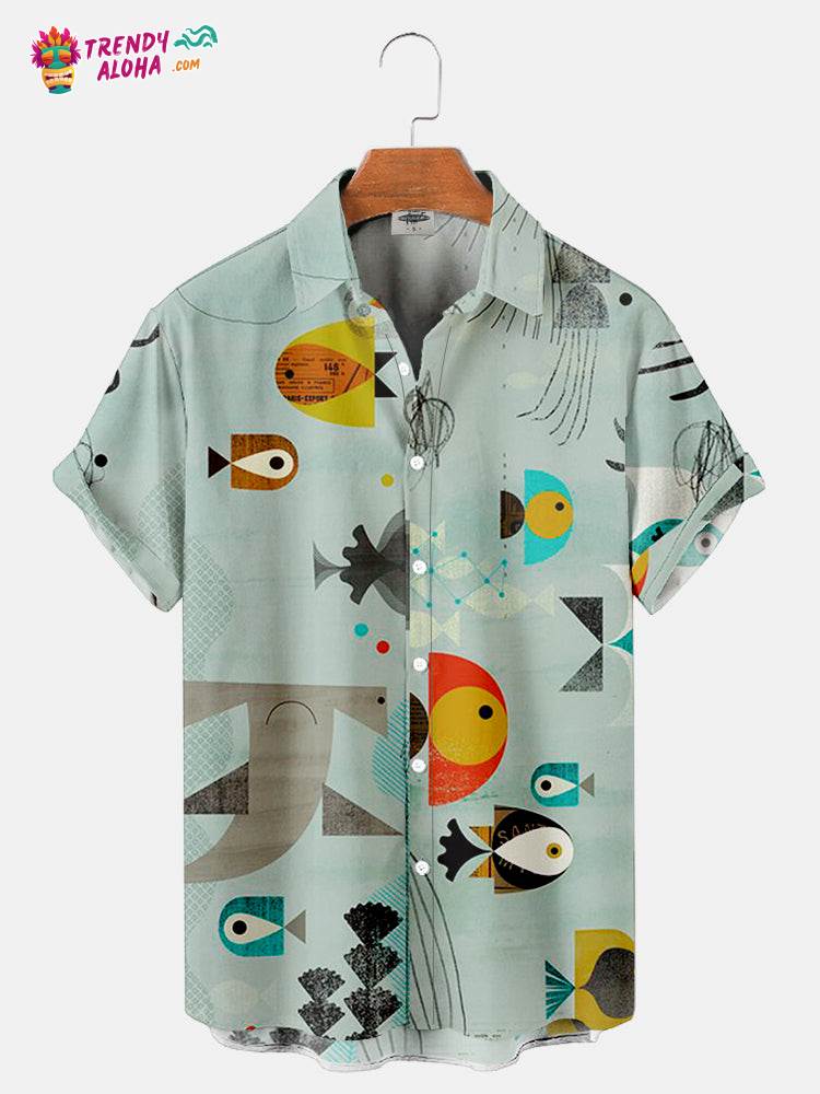 Men’s Geometric Shape Fish Print Trendy Aloha Shirts