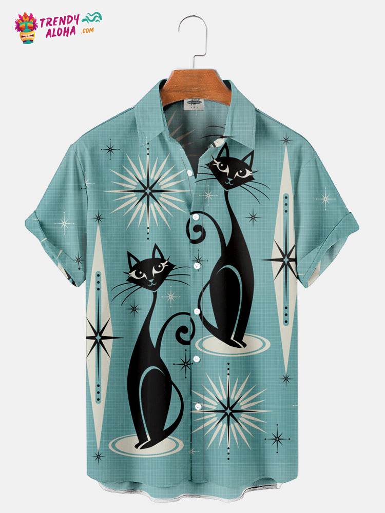 Men’s Geometric Shapes And Cats Print Trendy Aloha Shirts