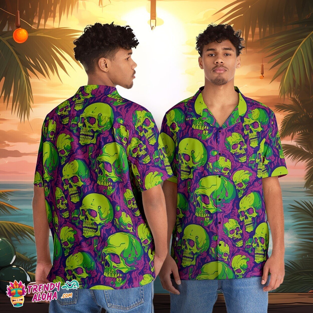 Men’s Haunted Tropical Island Zombie Brain Patterned Aloha Shirt