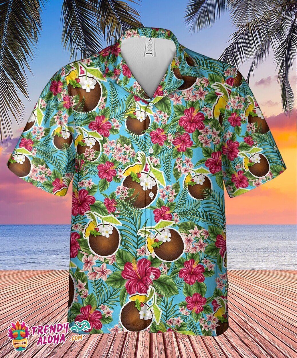 Men’s Hawaiian Coconut Cocktail & Flowers Aloha Summer Shirt Gift