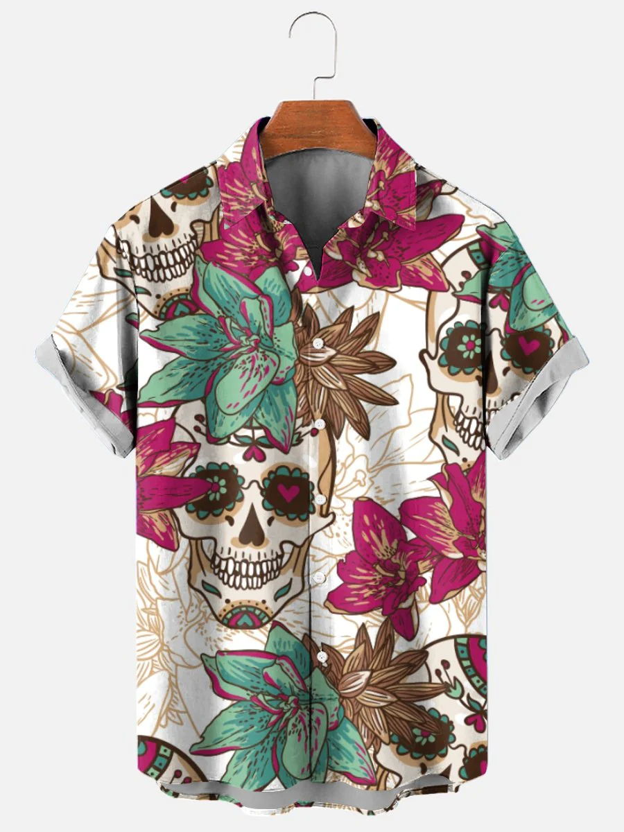 Men’s Hawaiian Pineapple Skull Casual Short Sleeve Shirt