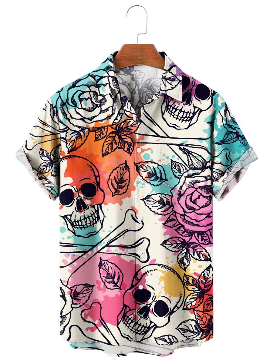 Men’s Hawaiian Shirt Vintage Skulls And Roses Chest Pocket Short Sleeve Shirt Men’s Hawaiian Shirt Vintage Skulls And Roses Chest Pocket Short Sleeve Shirt
