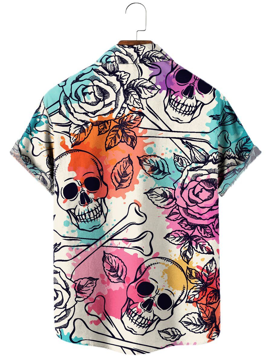 Men’s Hawaiian Shirt Vintage Skulls And Roses Chest Pocket Short Sleeve Shirt