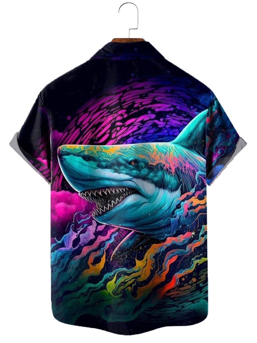 Men’s Hawaiian Shirts Colorful Ocean Shark Print Aloha Shirts