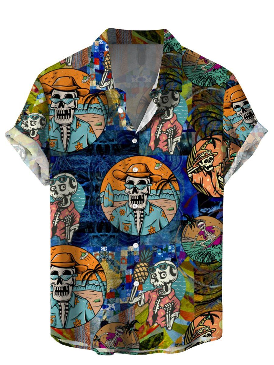Men’s Hawaiian Shirts Skeletons On Vacation Print Short Sleeve Shirt