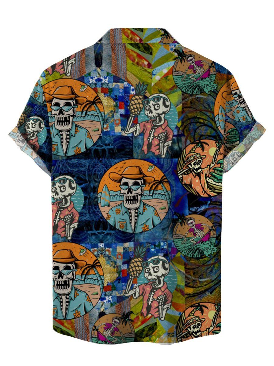 Men’s Hawaiian Shirts Skeletons On Vacation Print Short Sleeve Shirt