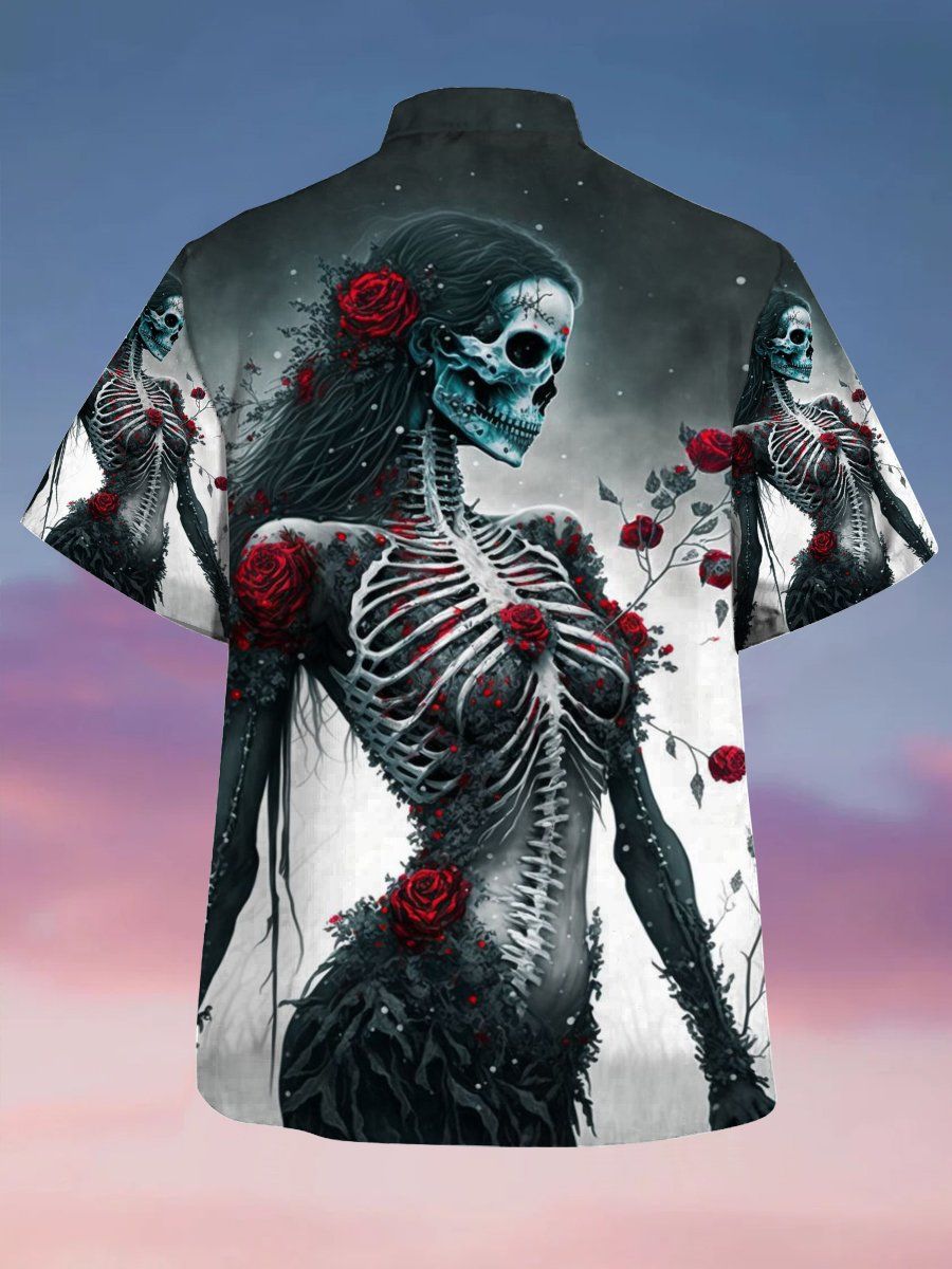 Men’s Hawaiian Shirts Skull Love Darkness Beauty With Roses Hawaiian Shirt