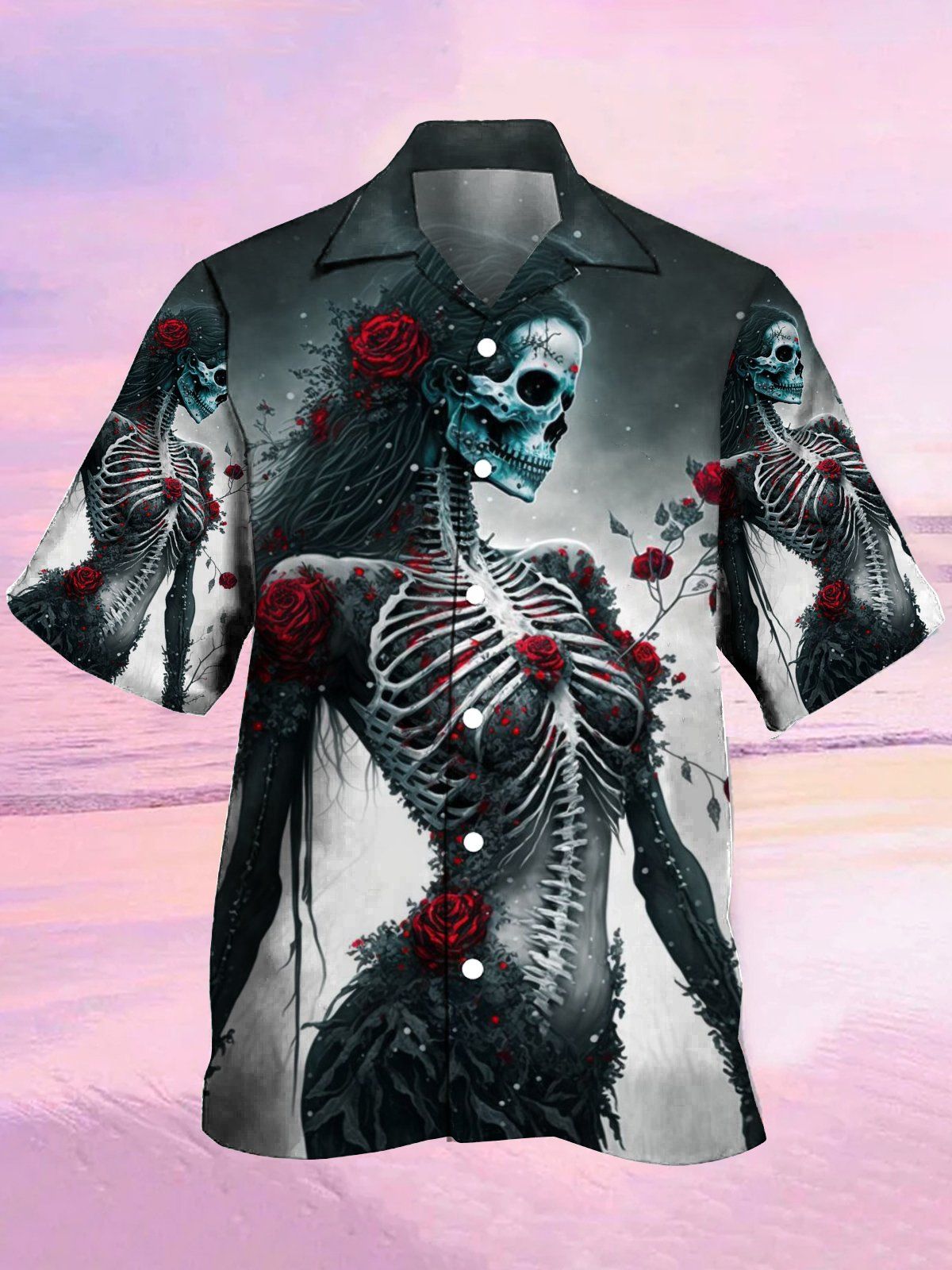 Men’s Hawaiian Shirts Skull Love Darkness Beauty With Roses Hawaiian Shirt