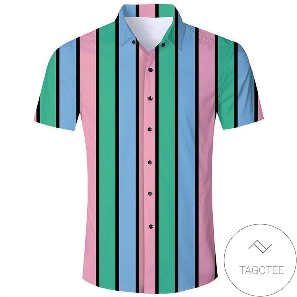 Mens Hawaiian Short Sleeve Shirts Green Pink Stripes Hawaiian Shirt