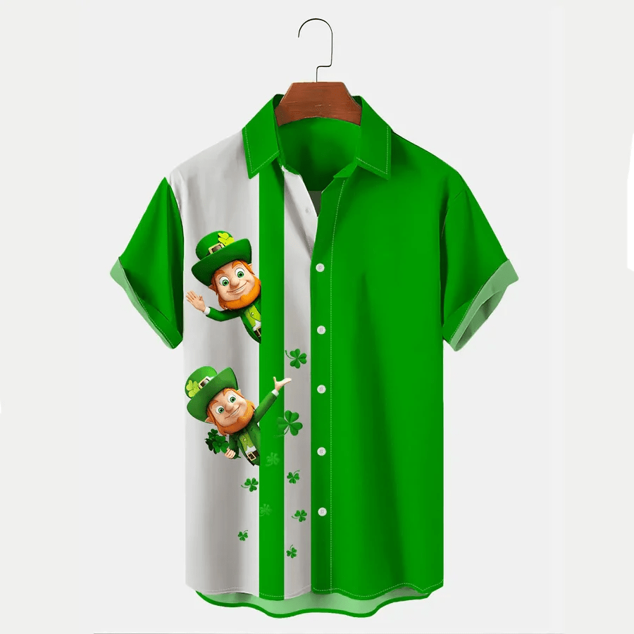 Men’s Holiday St. Patrick Leprechaun Day Hawaiian Short Sleeve Shirt, Patrick’s Day Gift