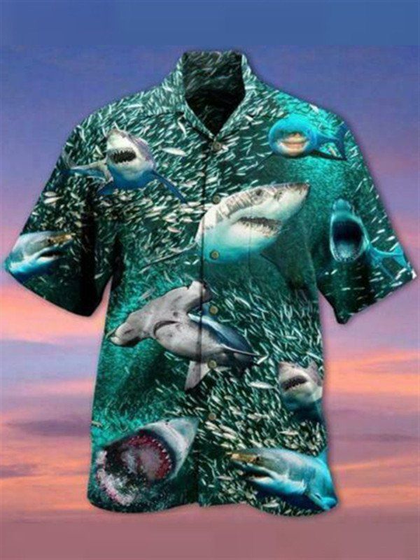 Mens In A World Full Of Fish Be A Shark Aop Short Sleeve Shirt