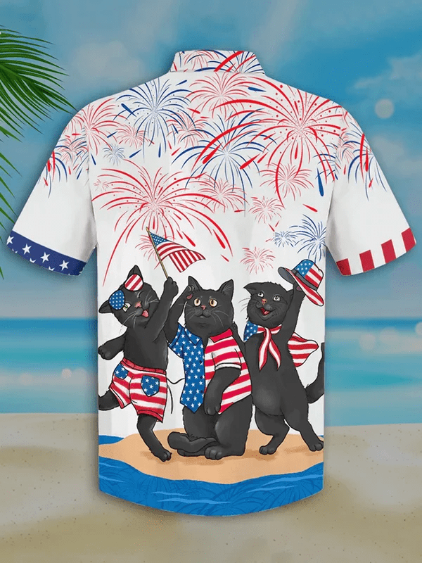 Men’s Independence Day Is Coming Cat Print Casual Trendy Hawaiian Shirt, Usa Patriotic Trendy Hawaiian Shirt