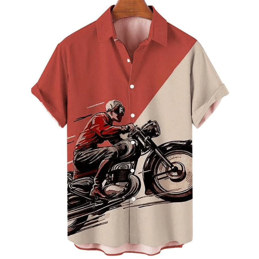 Men’s Motorcycle Print Holiday Short Sleeve Trendy Hawaiian Shirts For Men, Women