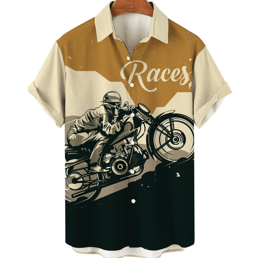 Men’s Motorcycle Print Holiday Short Sleeve Trendy Hawaiian Shirts For Men, Women