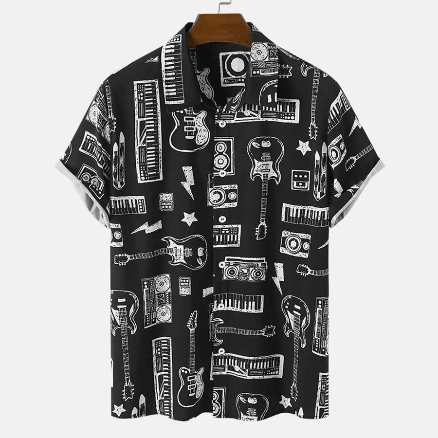 Mens Musical Trendy Hawaiian Shirt, Instrument Print Button Front Short Sleeve Black Shirts