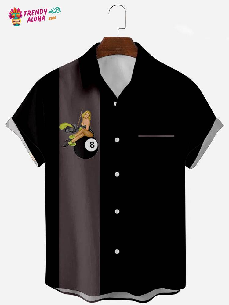 Men’s No. 8 Billiards Retro Beauty Printed Trendy Aloha Shirt