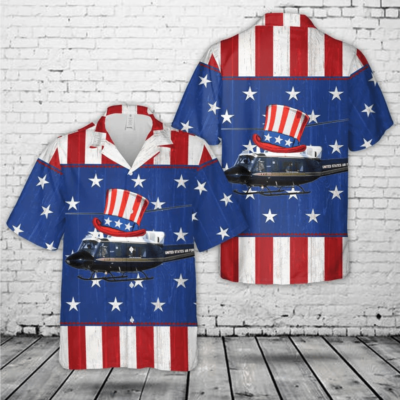 Men’s Patriotic Trendy Hawaiian Shirt: Bell UH-1N Twin Huey Squadron Apparel for US Air Force Fans