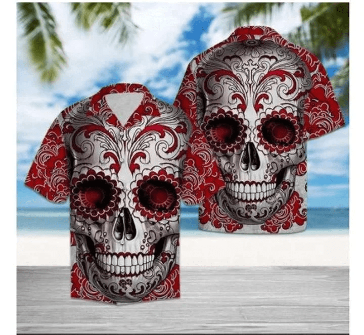 Men’s Red Hawaiian Shirt with Floral Skull Prints