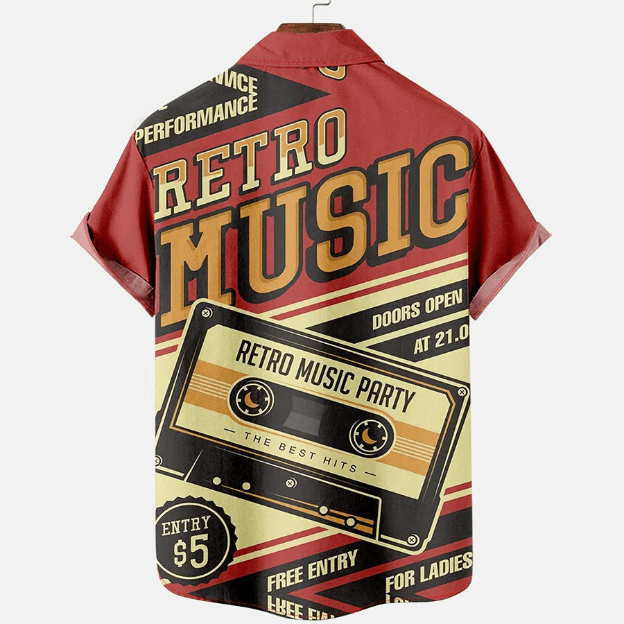 Mens Retro Music Print Lapel Loose Short Sleeve Trendy Hawaiian Shirts