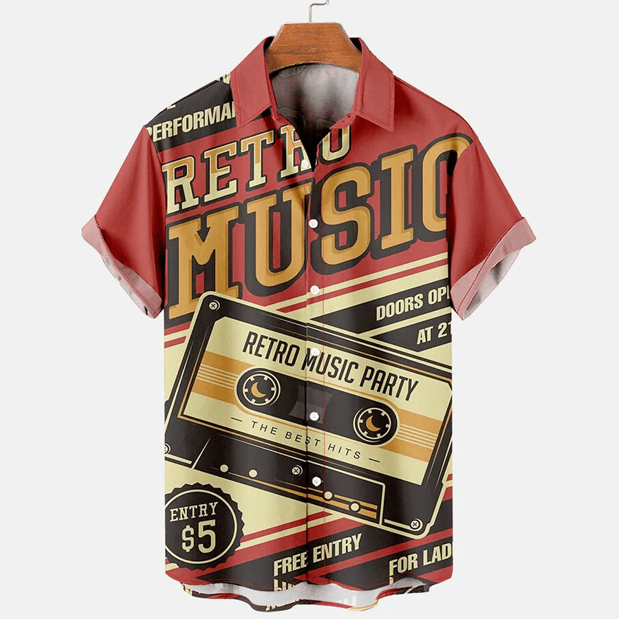 Mens Retro Music Print Lapel Loose Short Sleeve Trendy Hawaiian Shirts Mens Retro Music Print Lapel Loose Short Sleeve Trendy Hawaiian Shirts