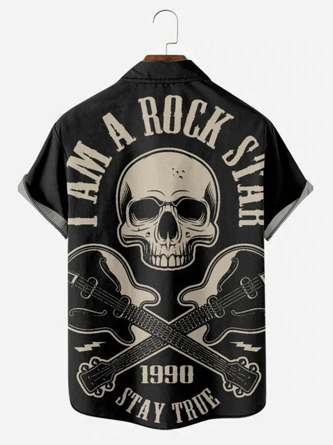 Men’s Retro Rock Guitar Casual Short Sleeve Bowling Trendy Hawaiian Shirt