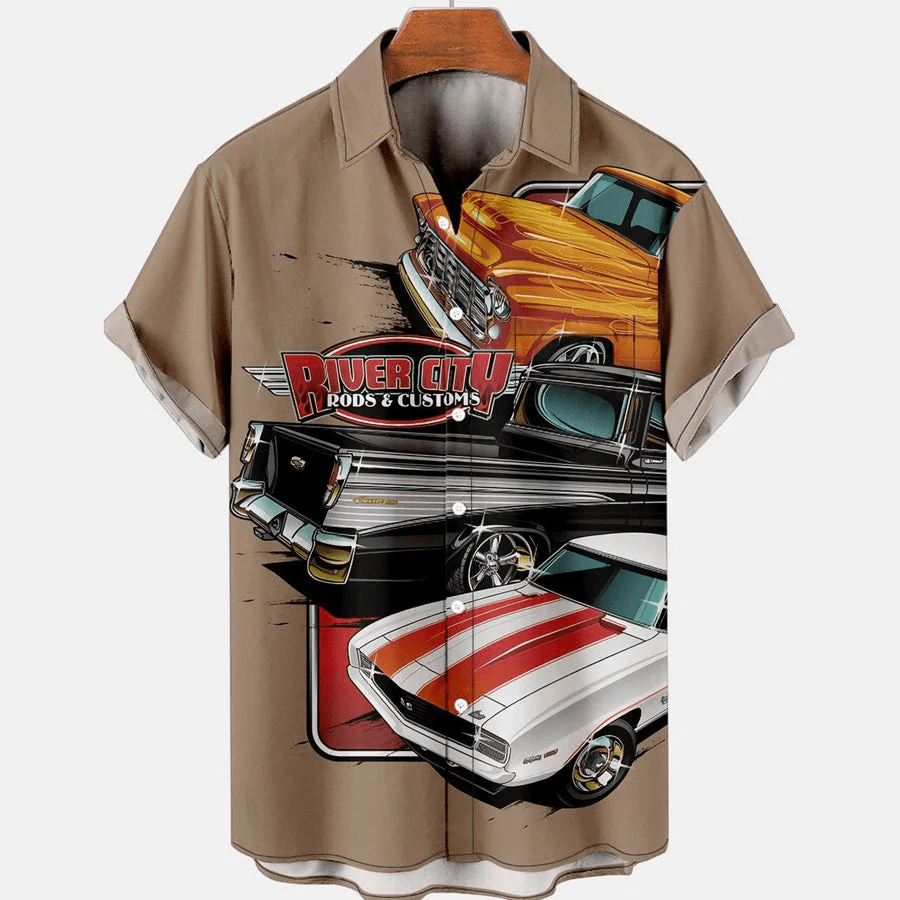Men’s Retro Simple Car Contrast Color Casual Trendy Hawaiian Shirts For Men, Women