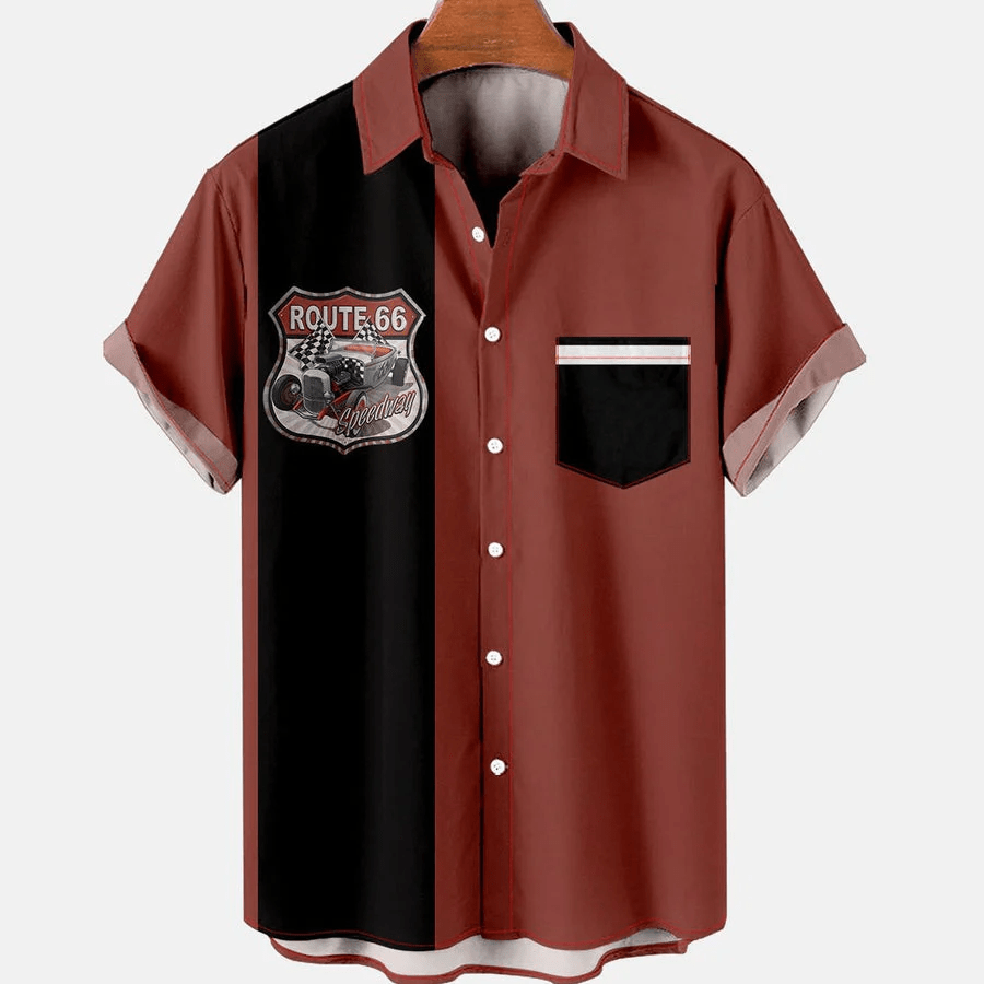 Mens Route 66 Vintage Cars Print Casual Breathable Chest Pocket Short Sleeve Hawaiian Shirts