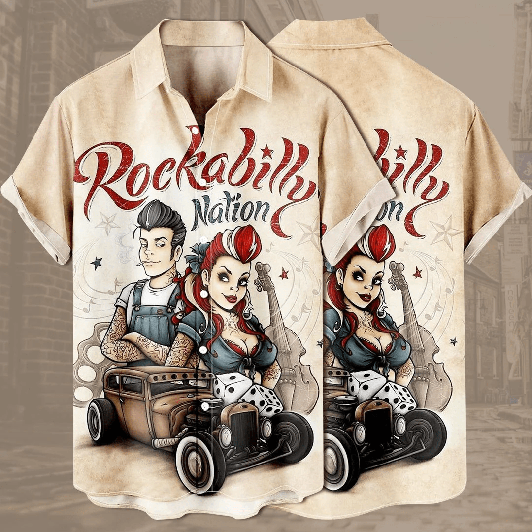 Men’s Simple Casual Music Rock Car Print Loose Comfortable Shirt, Trendy Hawaiian Shirt Vintage, Trendy Hawaiian Shirt For Men Men’s Simple Casual Music Rock Car Print Loose Comfortable Shirt, Trendy Hawaiian Shirt Vintage, Trendy Hawaiian Shirt For Men