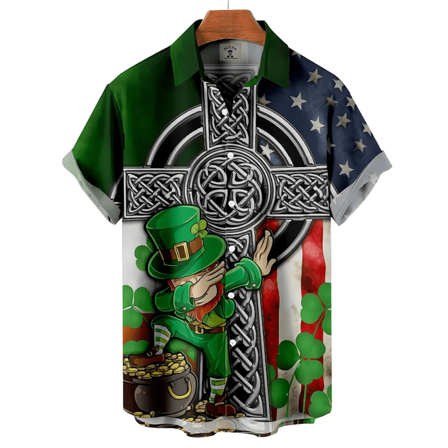 Men’s St. Patrick’s Day Spooky Elf Print Color Block Short Sleeve Trendy Hawaiian Shirt