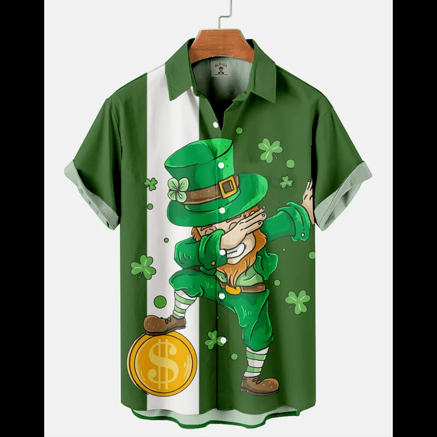 Men’s St. Patrick’s Day Spooky Elf Print Color Block Short Sleeve Trendy Hawaiian Shirt