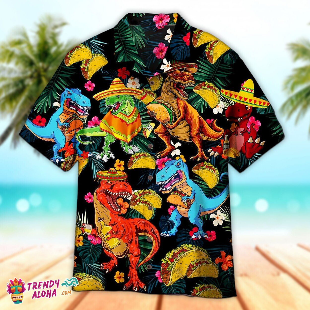 Men’s Summer Beach Taco Loving Trex Dinosaur Print Hawaiian Shirt