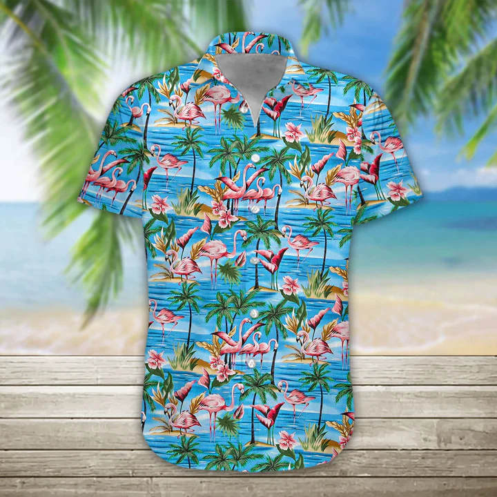 Mens Trendy Hawaiian Shirt Flamingos Casual Short Sleeve Button Down Shirts Aloha Shirt