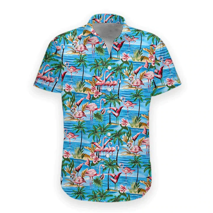 Mens Trendy Hawaiian Shirt Flamingos Casual Short Sleeve Button Down Shirts Aloha Shirt