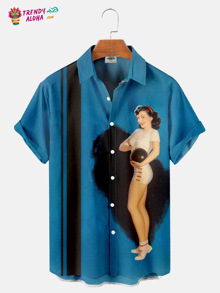 Men’s Vintage Bowling Print Regular Sleeve Trendy Aloha Shirt