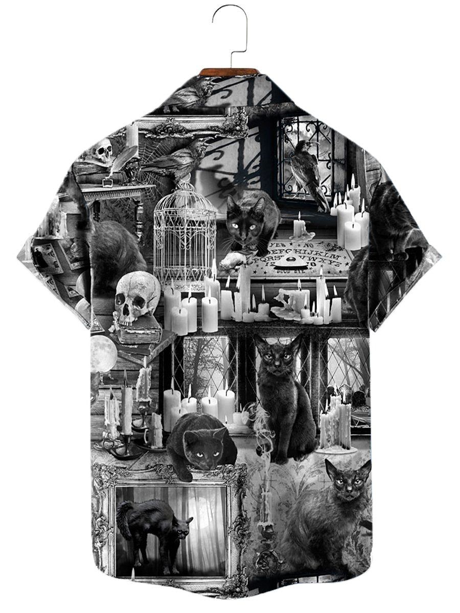 Men’s Vintage Cat Skull Print Short Sleeve Shirt
