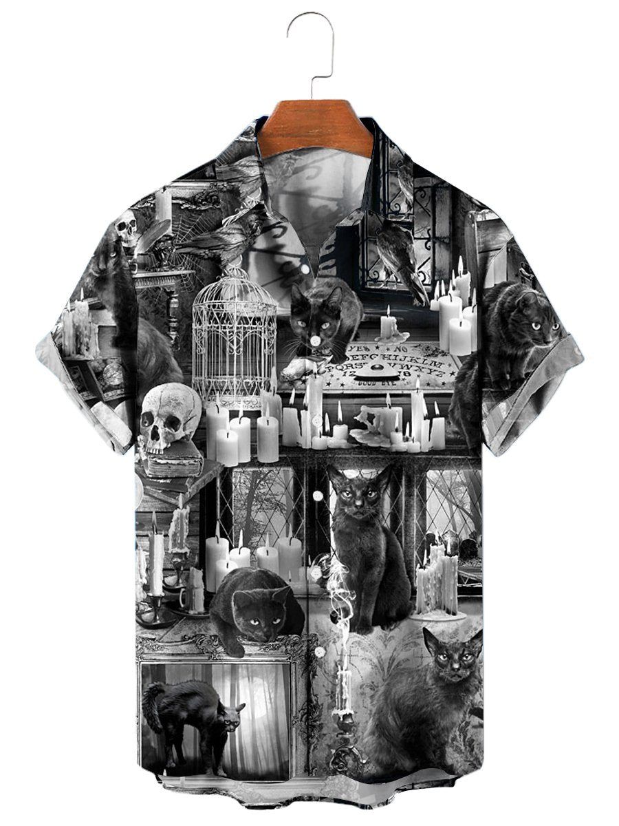Men’s Vintage Cat Skull Print Short Sleeve Shirt Men’s Vintage Cat Skull Print Short Sleeve Shirt