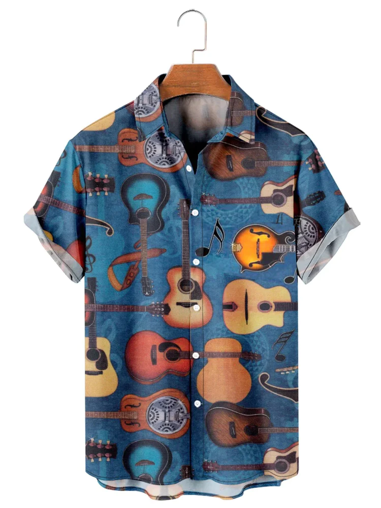 Men’s Vintage Guitar Print Short Sleeve Shirt Trendy Hawaiian Shirt For Men, Guitar Aloha Shirt, Gift For Guitar Lover