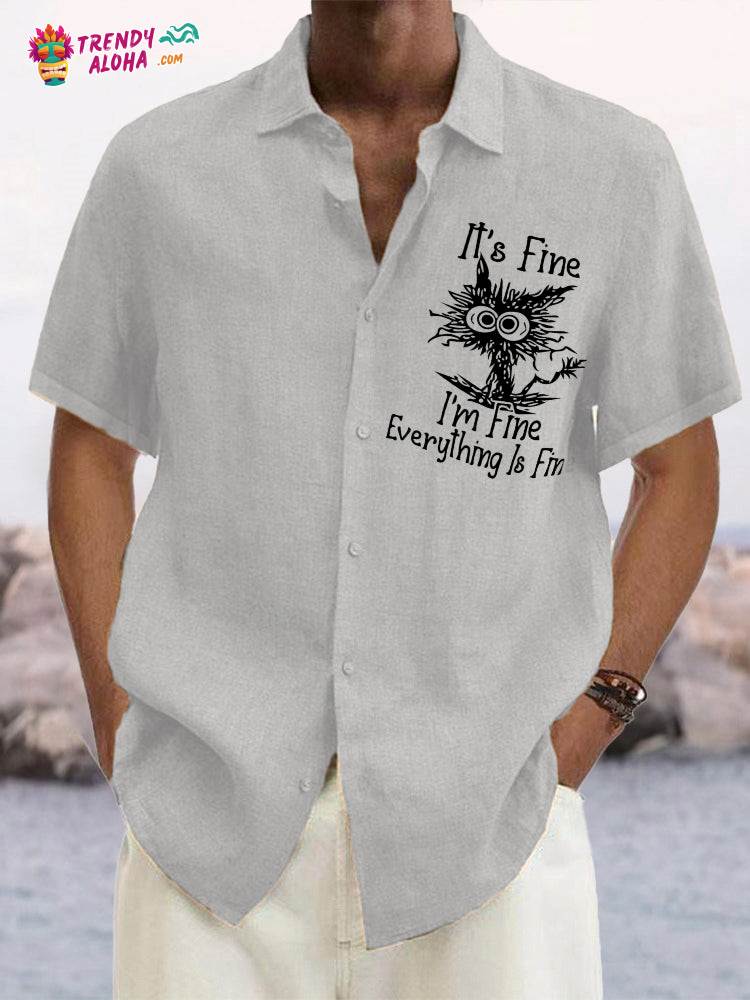 Men’s Vintage I Am Fine Geometric Print Regular Sleeve Trendy Aloha Shirt