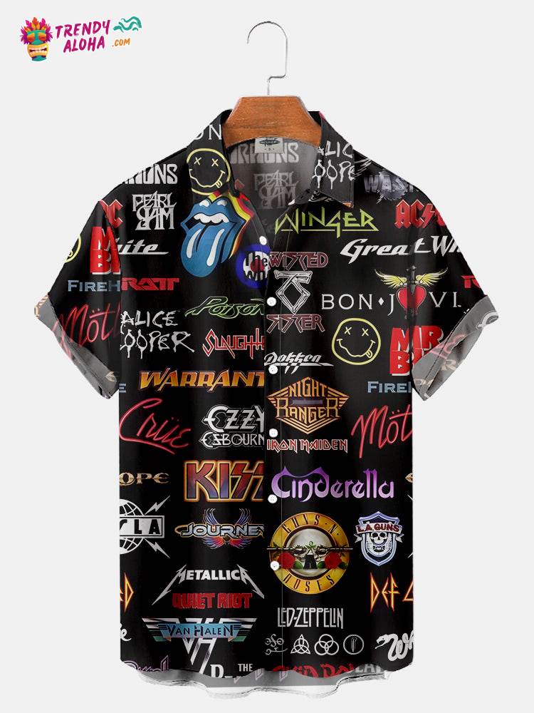 Men’s Vintage Rock And Roll Punk Print Regular Sleeve Trendy Aloha Shirts