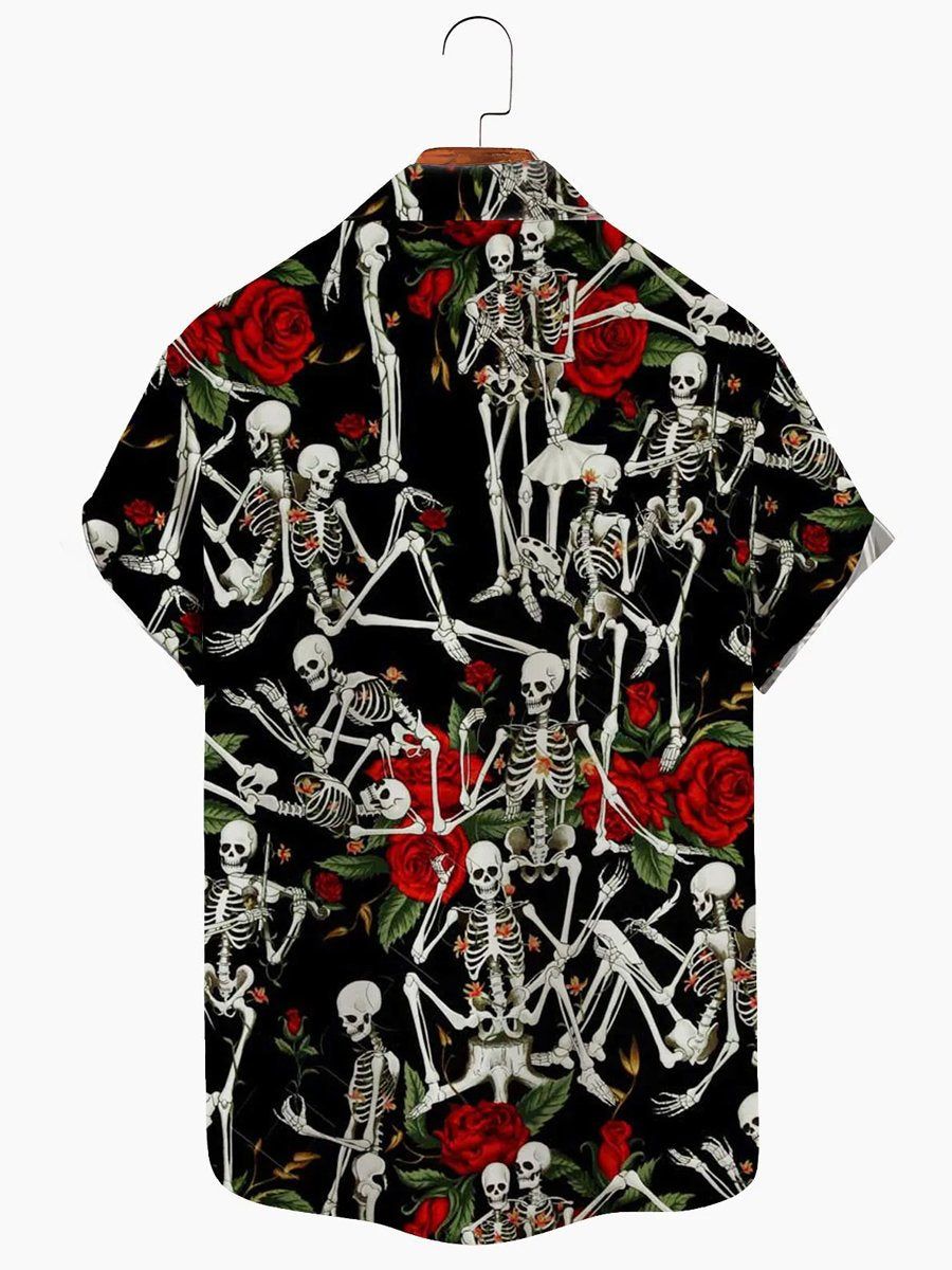Men’s Vintage Rose Skull Ball Print Short Sleeve Shirt