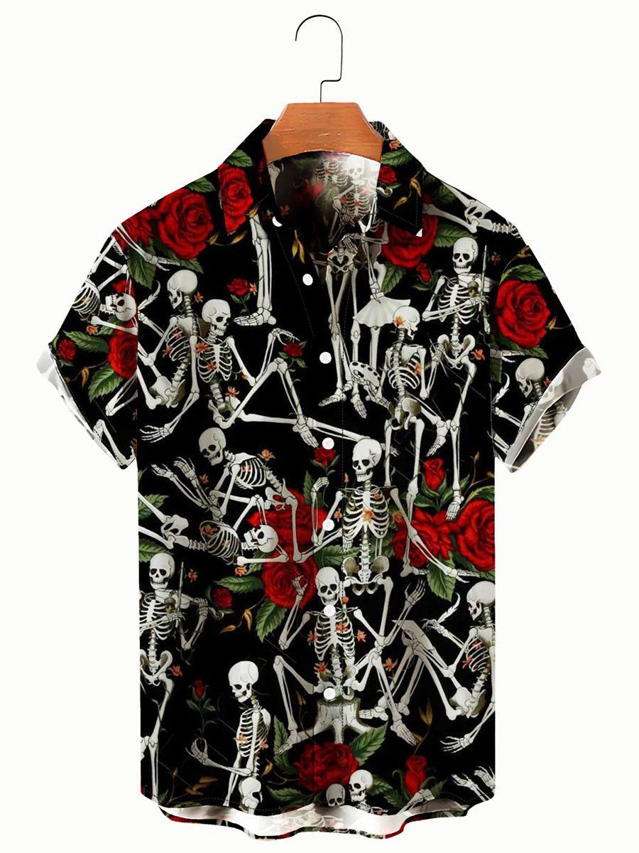 Men’s Vintage Rose Skull Ball Print Short Sleeve Shirt Men’s Vintage Rose Skull Ball Print Short Sleeve Shirt