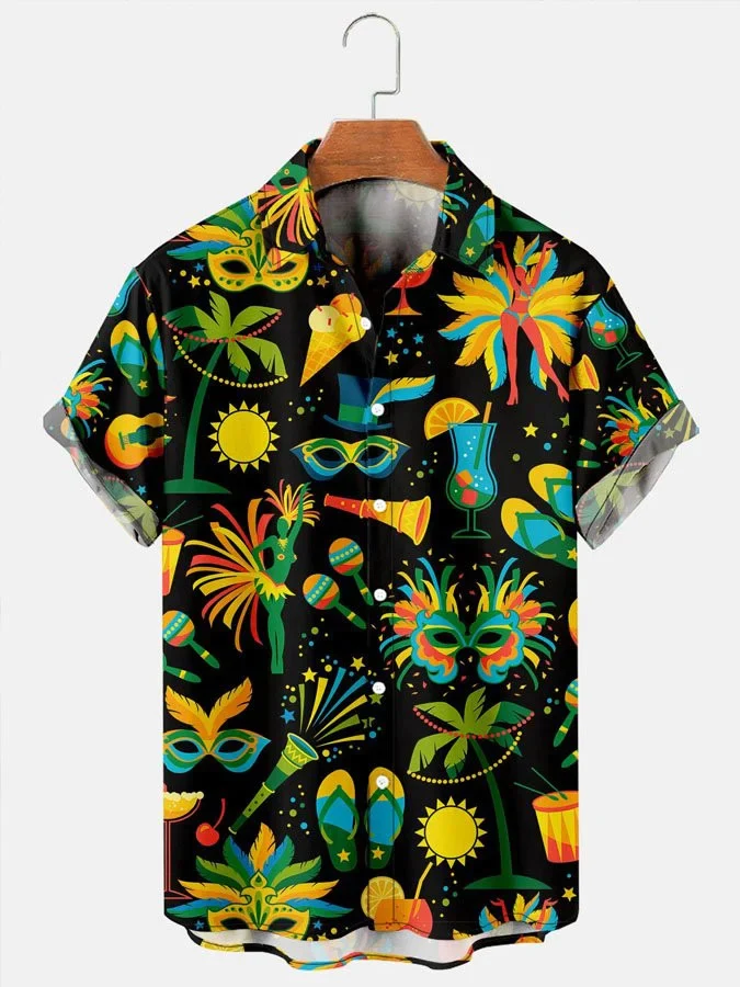 Men’s Vintage Shirts Mardi Gras Graphic Casual Breathable Short Sleeve Trendy Hawaiian Shirt