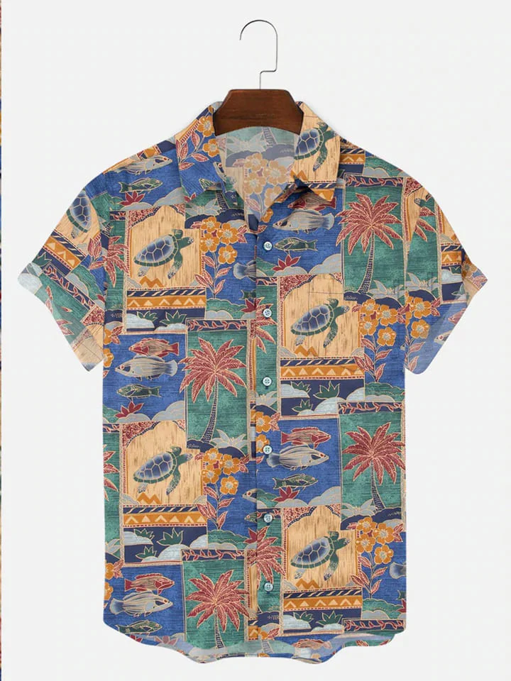 Men’s Wrinkle Free Vintage Casual Tribal Shirts Turtle Pattern Seersucker